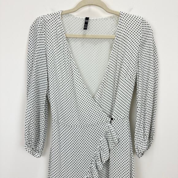 Zara Polka Dot Mini Wrap Romper White Black Ruffle Viscose Long Sleeve XS - Picture 5 of 12